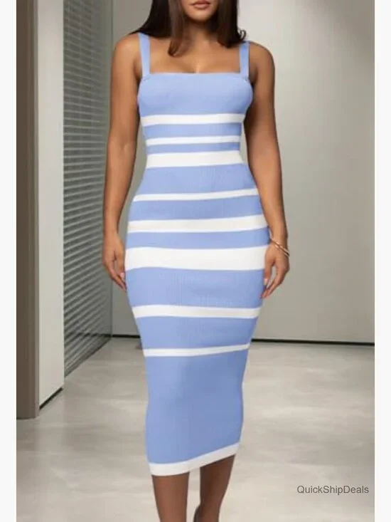 Sleeveless Striped Bodycon Midi Dress Square Neck Ribbed Knit - Picture 2 of 7